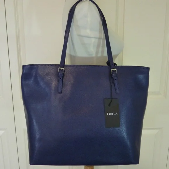 NEW FURLA Ink Blue Saffiano Leather Shopper Tote Bag Made in Italy - D-Light